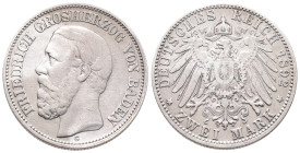 Kaiserreich, Baden, Friedrich I. 1856-1907, 2 Mark 1892. J. 28. Sehr schön