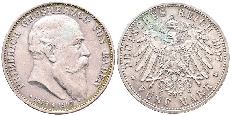 Kaiserreich, Baden, Friedrich I. 1856-1907, 5 Mark 1907. Auf seinen Tod. J. 37. ...