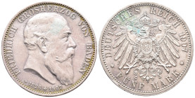 Kaiserreich, Baden, Friedrich I. 1856-1907, 5 Mark 1907. Auf seinen Tod. J. 37. Min. Belag, kl. Randfehler, sehr schön-vorzüglich