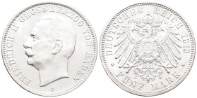 Kaiserreich, Baden, Friedrich II. 1907-1918, 5 Mark 1913. J. 40. Prachtexemplar. Vorzüglich-Stempelglanz