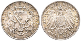 Kaiserreich, Bremen, Stadt, 2 Mark 1904. J. 59. Winz. Randfehler, vorzüglich-Stempelglanz