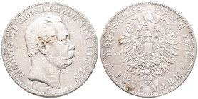 Kaiserreich, Hessen, Ludwig III. 1848-1877, 5 Mark 1876. J. 67. Kl. Randfehler, fast sehr schön