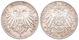 Kaiserreich, Lübeck, Stadt, 2 Mark 1901. J. 80. Hübsche Patina, winz. Randfehler, vorzüglich-Stempelglanz