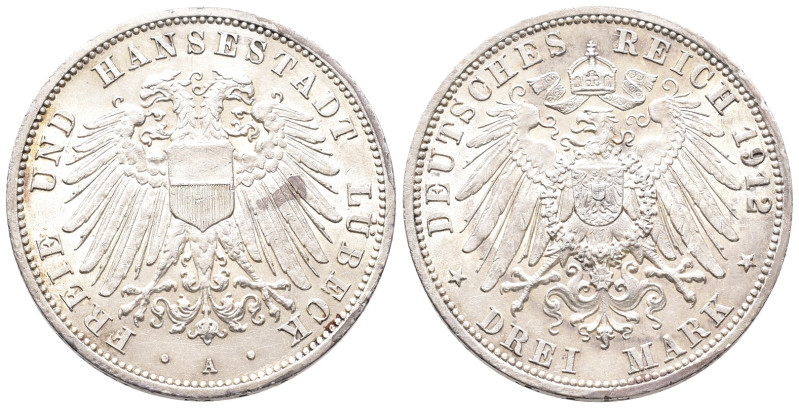 Kaiserreich, Lübeck, Stadt, 3 Mark 1912. J. 82. Winz. Randfehler, vorzüglich-Ste...