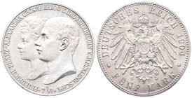 Kaiserreich, Mecklenburg Schwerin, Friedrich Franz IV. 1897-1918, 5 Mark 1904. Hochzeit. J. 87. Min. berieben, vorzüglich