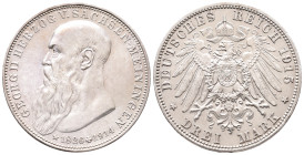 Kaiserreich, Sachsen Meiningen, Georg II. 1866-1914, 3 Mark 1915. Lebensdaten. J. 155. Winz. Kratzer, vorzüglich +