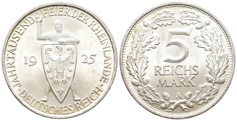 Weimarer Republik, 5 Reichsmark 1925 A. Rheinlande. J. 322. Vorzüglich