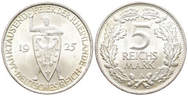 Weimarer Republik, 5 Reichsmark 1925 A. Rheinlande. J. 322. Vorzüglich