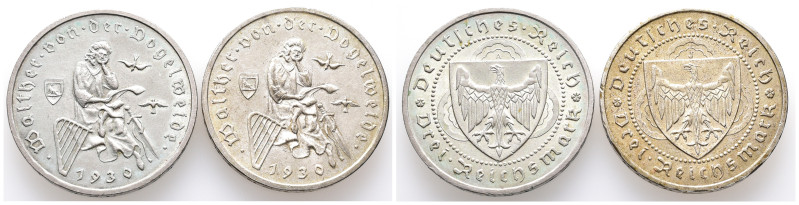 Weimarer Republik, 3 Reichsmark 1930 A, J. Vogelweide. J. 344. 2 Stück. Vorzügli...