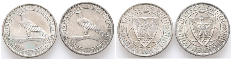 Weimarer Republik, 3 Reichsmark 1930 A, D. Rheinland Räumung. J. 345. 2 Stück. S...