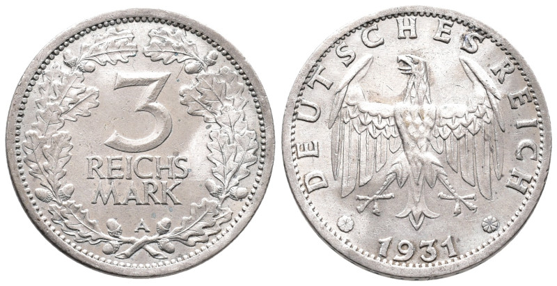 Weimarer Republik, 3 Reichsmark 1931 A. Kursmünze. J. 349. Sehr schön-vorzüglich...