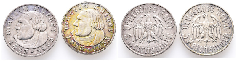 Drittes Reich, 5 Reichsmark 1933 A. Luther. J. 353. 2 Stück. Randfehler (1x), se...