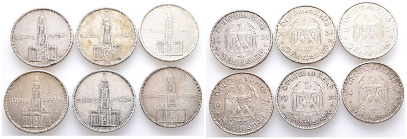 Drittes Reich, 5 Reichsmark 1934 A, D, E, F, G, J. Garnisonkirche Potsdam mit Da...