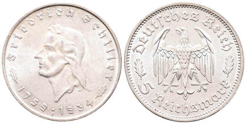 Drittes Reich, 5 Reichsmark 1934 F. Schiller. J. 359. Vorzüglich-Stempelglanz