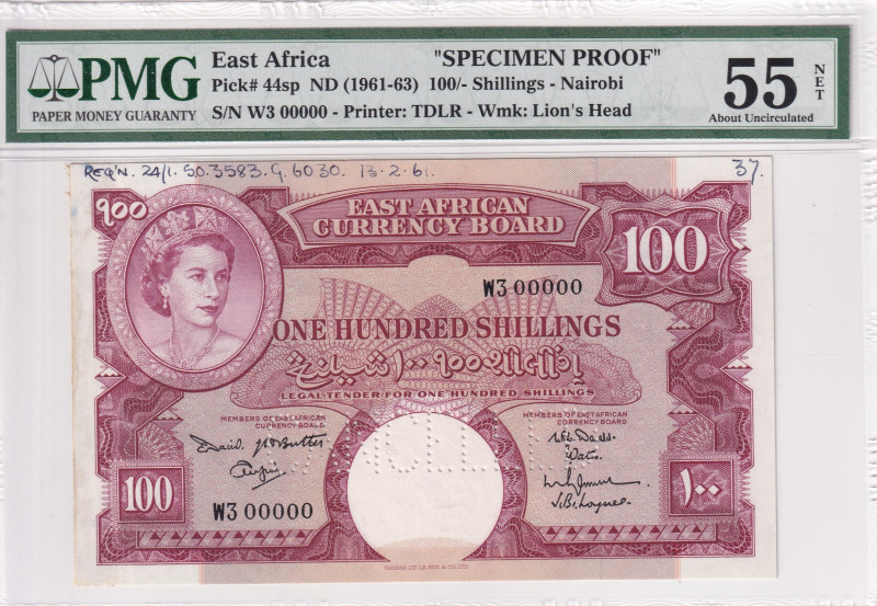 East Africa, 100 Shillings, 1961/1963, AUNC, p44sp, SPECİMEN PROOF

PMG 55 NET...