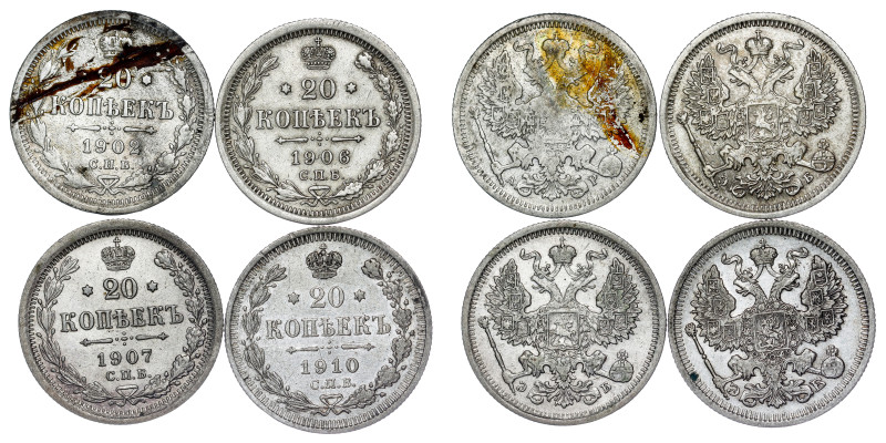 Russland - Nikolaus II., 1894-1917. 20 Kopeken LOT - 4 pcs

1902 , 1906 , 1907 ,...