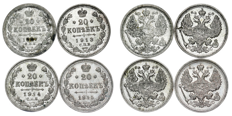 Russland - Nikolaus II., 1894-1917. 20 Kopeken LOT - 4 pcs

1907 , 1913 , 1914 ,...