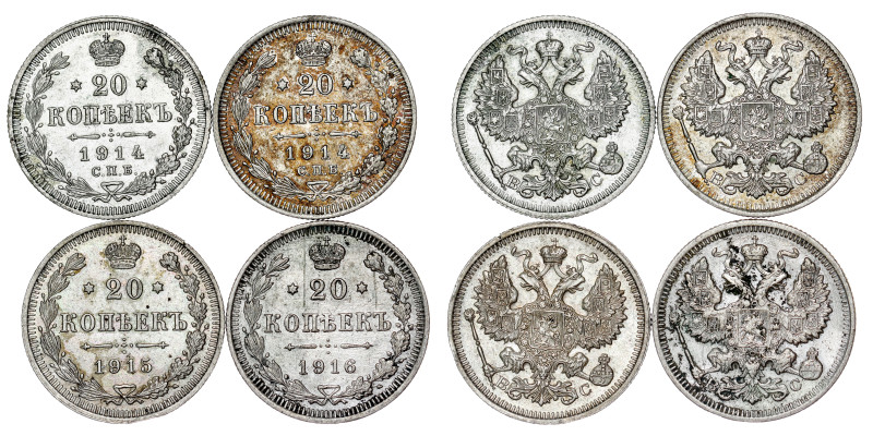 Russland - Nikolaus II., 1894-1917. 20 Kopeken LOT - 4 pcs

1914 , 1915 , 1916

...