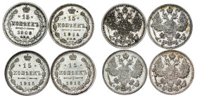 Russia - Nicholas II. , 15 Kopecks LOT – 4 pcs