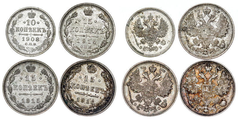 Russland - Nikolaus II., 1894-1917. 15, 10 Kopeken LOT - 4 pcs

1908 , 1914 , 19...