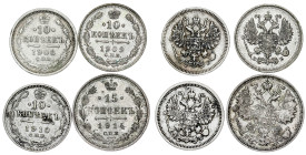 Russia - Nicholas II. , 15, 10 Kopecks LOT – 4 pcs