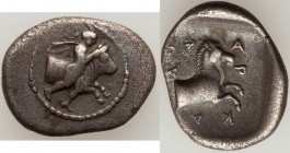 THESSALY. Pharcadon. Ca. 440-400 BC. AR hemidrachm (17mm, 2.71 gm, 11h). VF. Thessalus, nude but for petasus and cloak tied at neck, holding band arou...