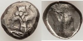 ACHAEMENID PERSIA. Time of Xerxes II-Artaxerxes II (ca. 420-375 BC). AR siglos (16mm, 5.50 gm). XF. Ca. 400-340 BC. Persian Great King in kneeling-run...