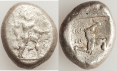 PAMPHYLIA. Aspendus. Ca. mid-5th century BC. AR stater (21mm, 10.80 gm, 9h). Fine. Helmeted hoplite advancing right, spear forward in right hand, shie...