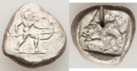 PAMPHYLIA. Aspendus. Ca. mid-5th century BC. AR stater (21mm, 10.99 gm, 11h). About VF, test cut. Helmeted hoplite warrior advancing right, shield in ...