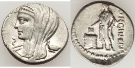 L. Cassius Longinus (ca. 60 BC). AR denarius (19mm, 3.62 gm, 3h). VF. Rome. Draped and veiled bust of Vesta left; cylix behind; Ꙅ below chin / LONGIN•...