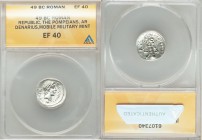 Q. Sicinius and C. Coponius (49 BC). AR denarius (18mm, 5h). ANACS XF 40. Military mint traveling with Pompey the Great. Q•SICINIVS-III•VIR, diademed ...
