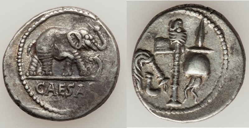 Julius Caesar, as Dictator (49-44 BC). AR denarius (18mm, 3.89 gm, 5h). VF. Mili...