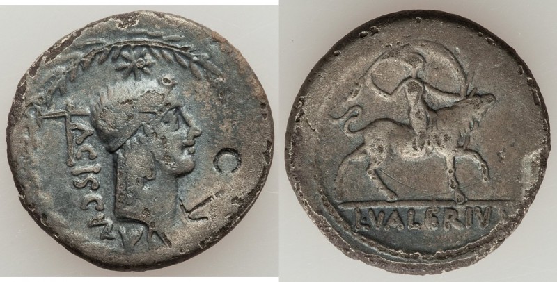 L. Valerius Acisculus (45 BC). AR denarius (19mm, 3.46 gm, 9h). NGC (photo-certi...