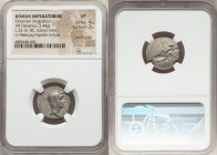 Octavian, as Imperator (43-27 BC). AR denarius (19mm, 3.44 gm, 7h). NGC VF 4/5 - 3/5, punch mark. Italian mint (Rome?), ca. 32-31 BC. Bare head of Oct...