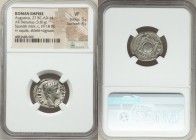 Augustus (27 BC-AD 14). AR denarius (20mm, 3.81 gm, 7h). NGC VF 5/5 - 4/5. Spain (Tarraco?), ca. 19-18 BC. CAESAR-AVGVSTVS, bare head of Augustus righ...
