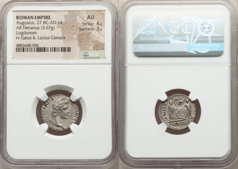 Augustus (27 BC-AD 14). AR denarius (20mm, 3.67 gm, 11h). NGC AU 4/5 - 3/5. Lugd...