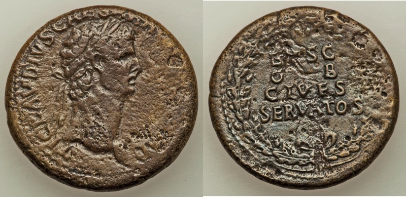 Claudius I (AD 41-54). AE sestertius (35mm, 24.16 gm, 7h). VF, pitting. Rome, ca...