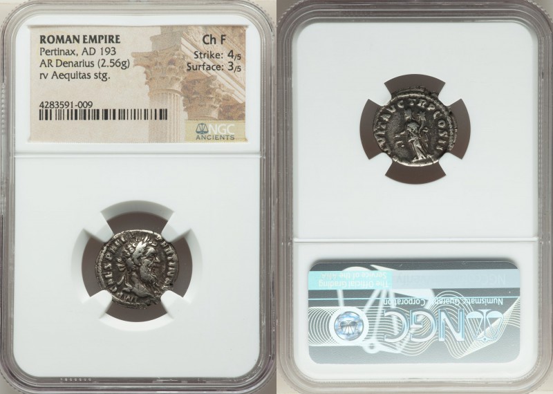 Pertinax (AD 193). AR denarius (17mm, 2.56 gm, 5h). NGC Choice Fine 4/5 - 3/5. R...