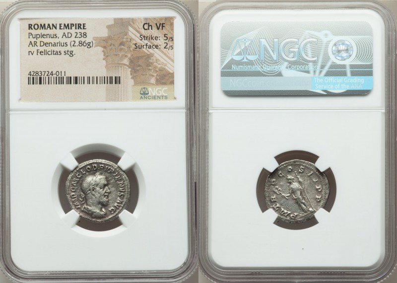 Pupienus (AD 238). AR denarius (19mm, 2.86 gm, 11h). NGC Choice VF 5/5 - 2/5. Ro...
