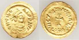 Maurice Tiberius (AD 582-602). AV tremissis (15mm, 1.44 gm, 5h). XF, wavy flan. Constantinople, ca. AD 583-602. D N TIbЄ-RI P P AVG, pearl-diademed, d...