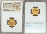 Heraclius (AD 610-641), with Heraclius Constantine and Heraclonas. AV solidus (20mm, 4.43 gm, 7h). NGC Choice AU 5/5 - 4/5. Constantinople, 5th offici...