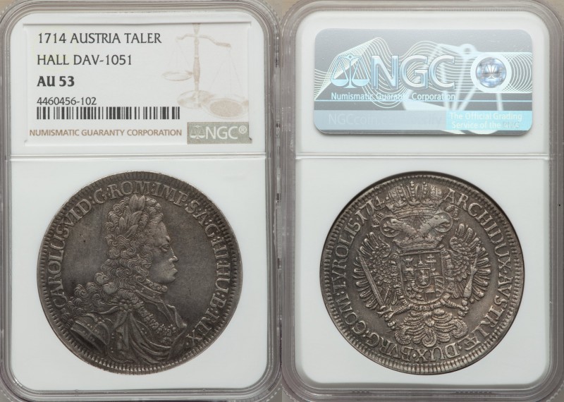 Karl VI Taler 1714 AU53 NGC, Hall mint, KM1570, Dav-1051. A well-struck piece wi...