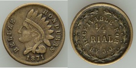 British Colony copper "Indian Head" 1/4 Rial 1871 VF, Prid-75. 18mm. 2.15gm. Token dated 1871 of 1/4 RIAL (an English language rendition of "Real", th...