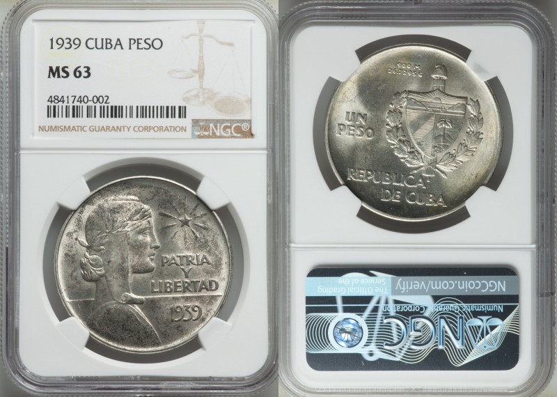 Republic "ABC" Peso 1939 MS63 NGC, Philadelphia mint, KM22. Lustrous UNC draped ...