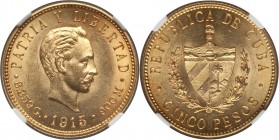 Republic gold 5 Pesos 1915 MS62 NGC, KM19. AGW 0.2419 oz. 

HID09801242017