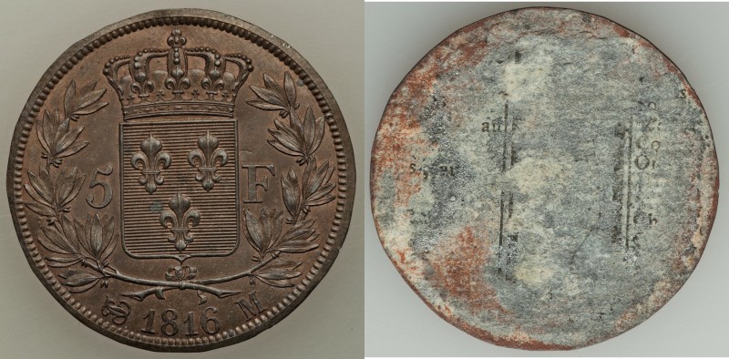 Louis XVIII copper-plated lead Reverse Cliché 5 Francs 1816-M Choice UNC, Toulou...