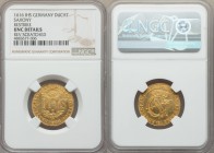 Saxony. Johann George I gold Ducat 1616-IHS UNC Details (Reverse Scratched) NGC, KM-X5, Fr-2642. Struck upon the death of the Duke's mother, Sophie, a...