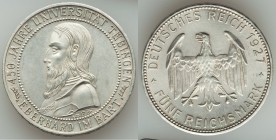 Weimar Republic "Tubingen University" 5 Mark 1927-F AU, Stuttgart mint, KM55. 36mm. 24.93gm. Issued for the 450th anniversary of the founding of the U...