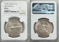 Weimar Republic "Zeppelin" 5 Mark 1930-D MS63 NGC, Munich mint, KM68. Gentle toning and plenty of luster. Small abrasions as seems typical with these....