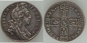 William III 6 Pence 1696 AU, KM484.1, S-3520. 21mm. 2.93gm. Just a light rub keeps this from Mint State, lovely overall gray tone with a touch of blue...